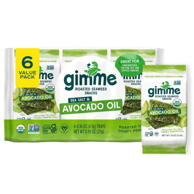 gimMe Sea Salt Avocado Oil 6 Count Organic Roasted Seaweed Sheets Keto Vegan Gluten Free Great Source of Iodine Omega 3 s Healthy On The Go Snack for Kids Adults